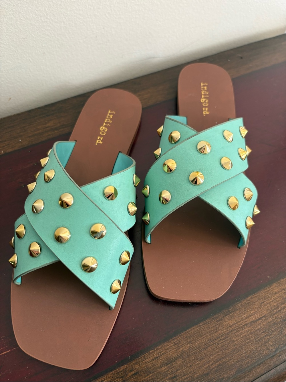 Indigo Mint Green Studded Cross-Strap Slide Sandals